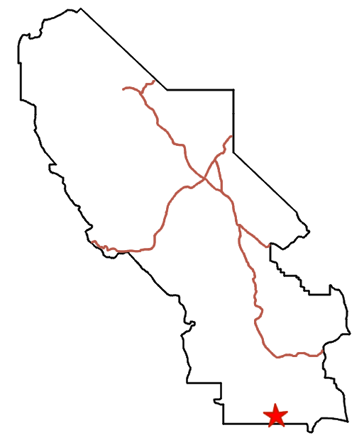 Map of Death Valley National Park showing roads as red lines as a red star for the Owl Hole Spring Road
