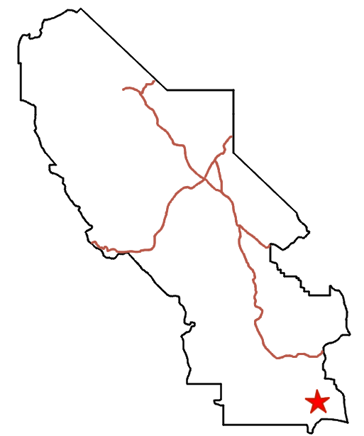 Map of Death Valley National Park with major roads in red and a red star marking the location of Saratoga Springs and Ibex Springs