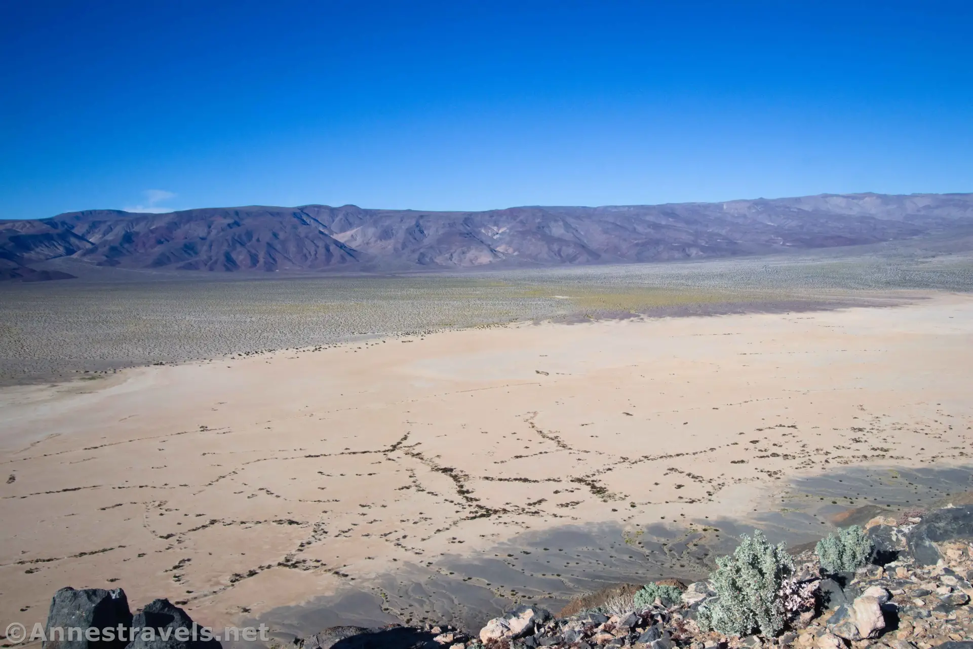 Views Southwest from Lake Hill Playa stretches to yellow desert plains and a distant ridgeline