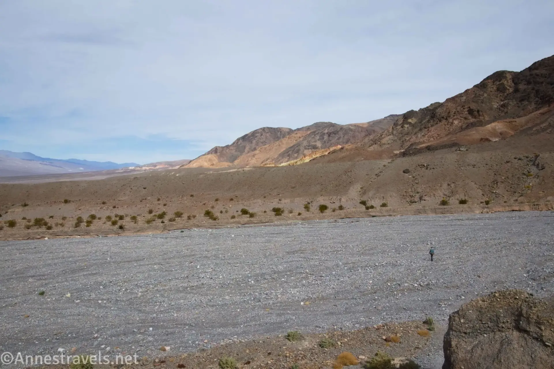 Fall Canyon from Above A wide gravel wash below desert mountains