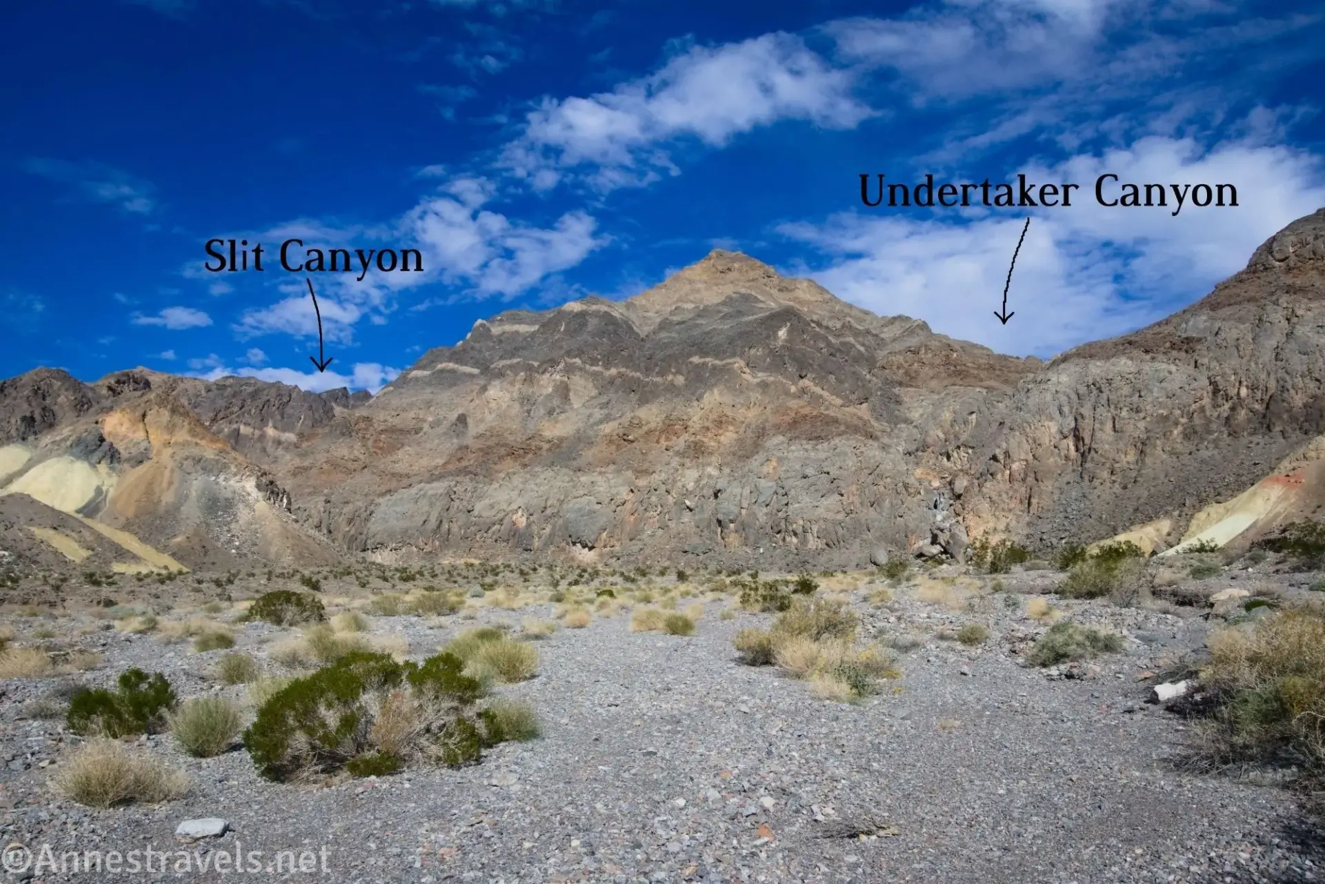 Slit Canyon and Undertaker Canyon Colorful striped mountains beyond a gravelly, brushy wash with arrows pointing to Slit Canyon and Undertaker Canyon