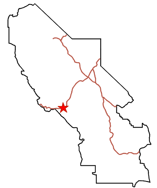 A map of Death Valley National Park showing major roads and a star near the western border of the park 