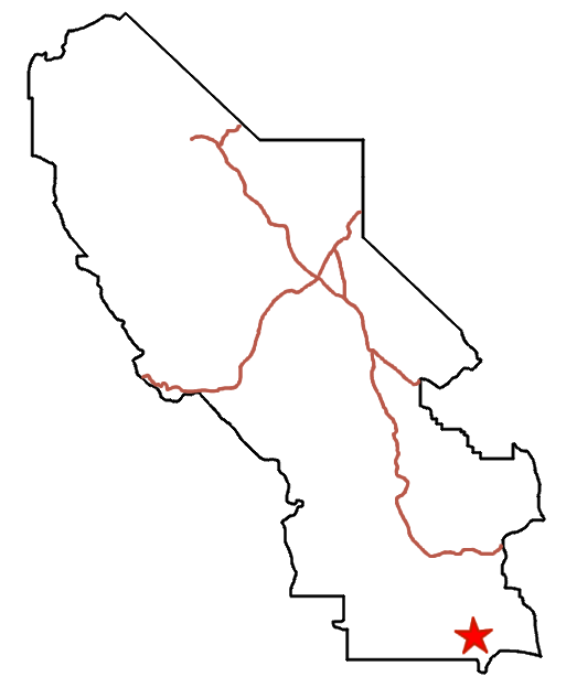 Map of Death Valley National Park showing roads as red lines as a red star for the Owl Hole Spring Road