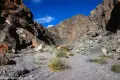 Mouth of Slit Canyon Wildflowers and brush in a gravely wash leading into a desert canyon with colorful cliffs