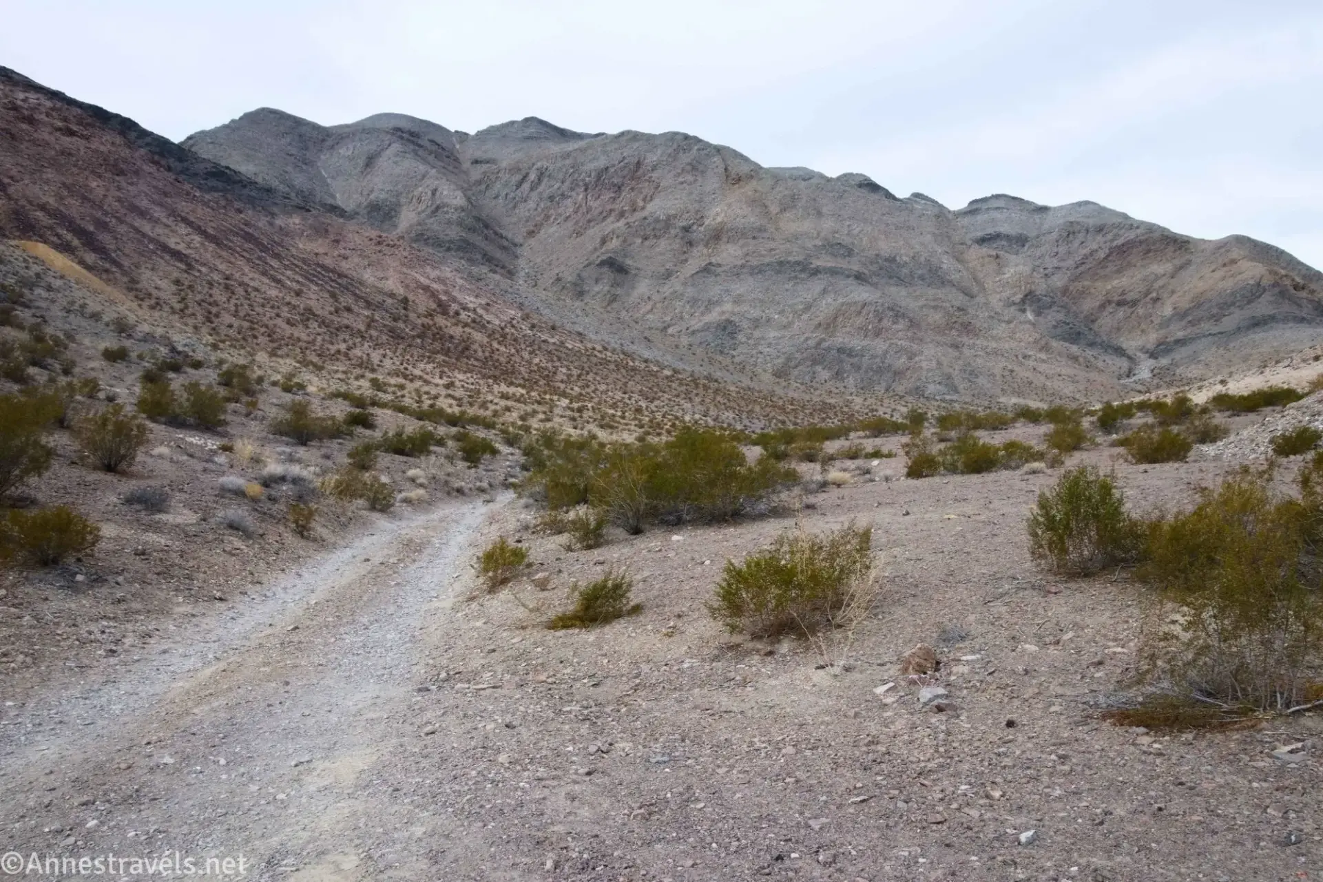 A two-track dirt road vanishes into a desert valley with striped mountains