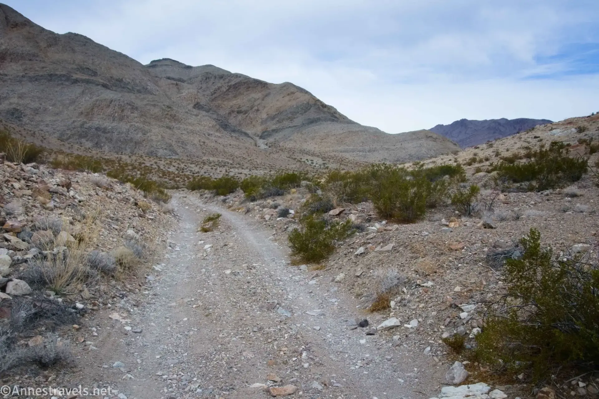A two-track dirt road vanishes into a desert valley with striped mountains