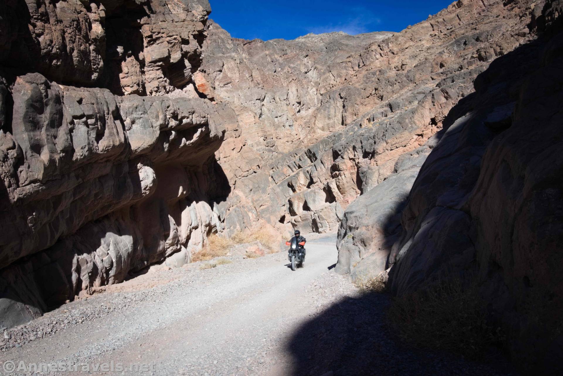 Motorcycle in the lower narrows of Titus Canyon, Death Valley National Park, California