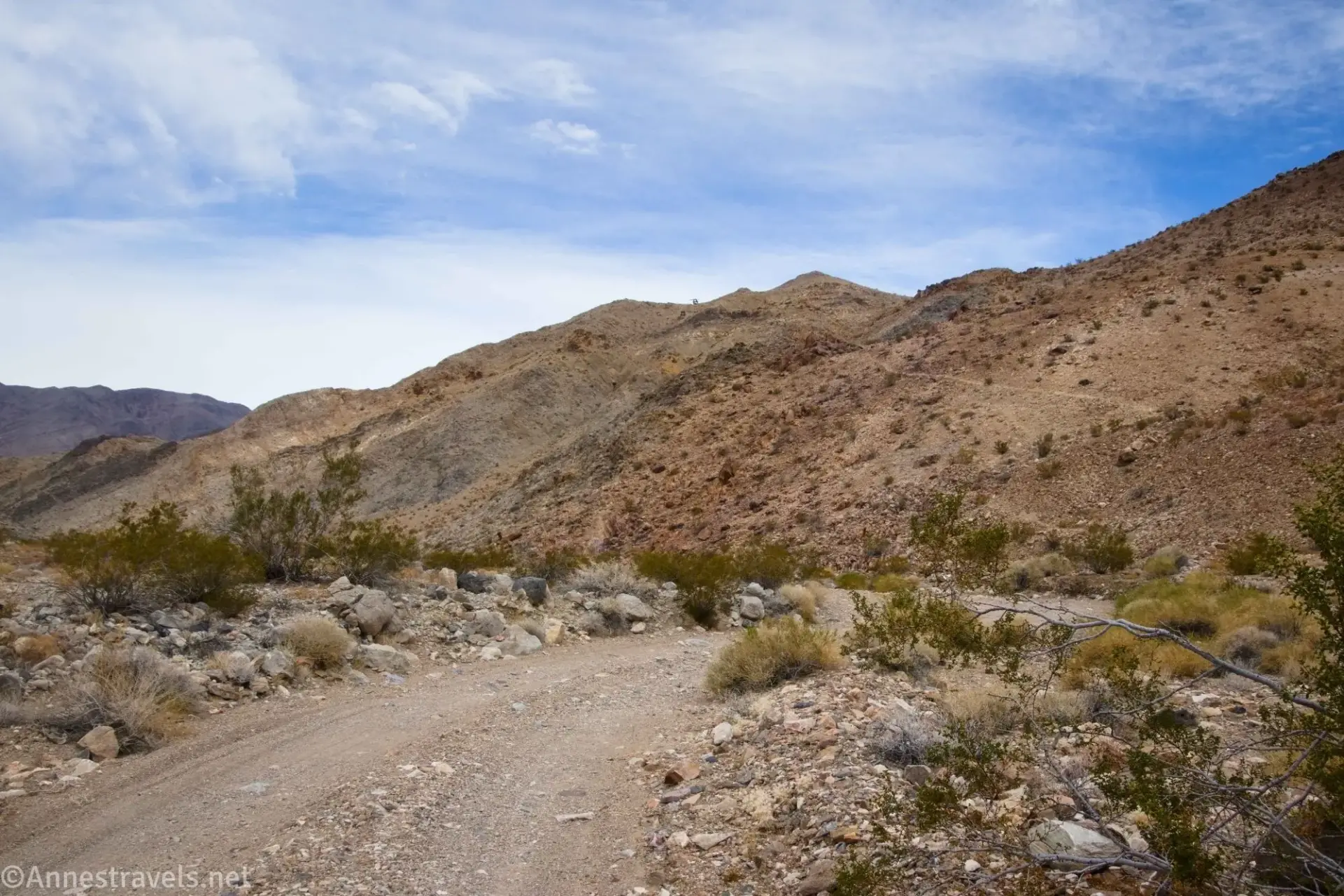 A two-track dirt road vanishes into a desert valley with brown mountains