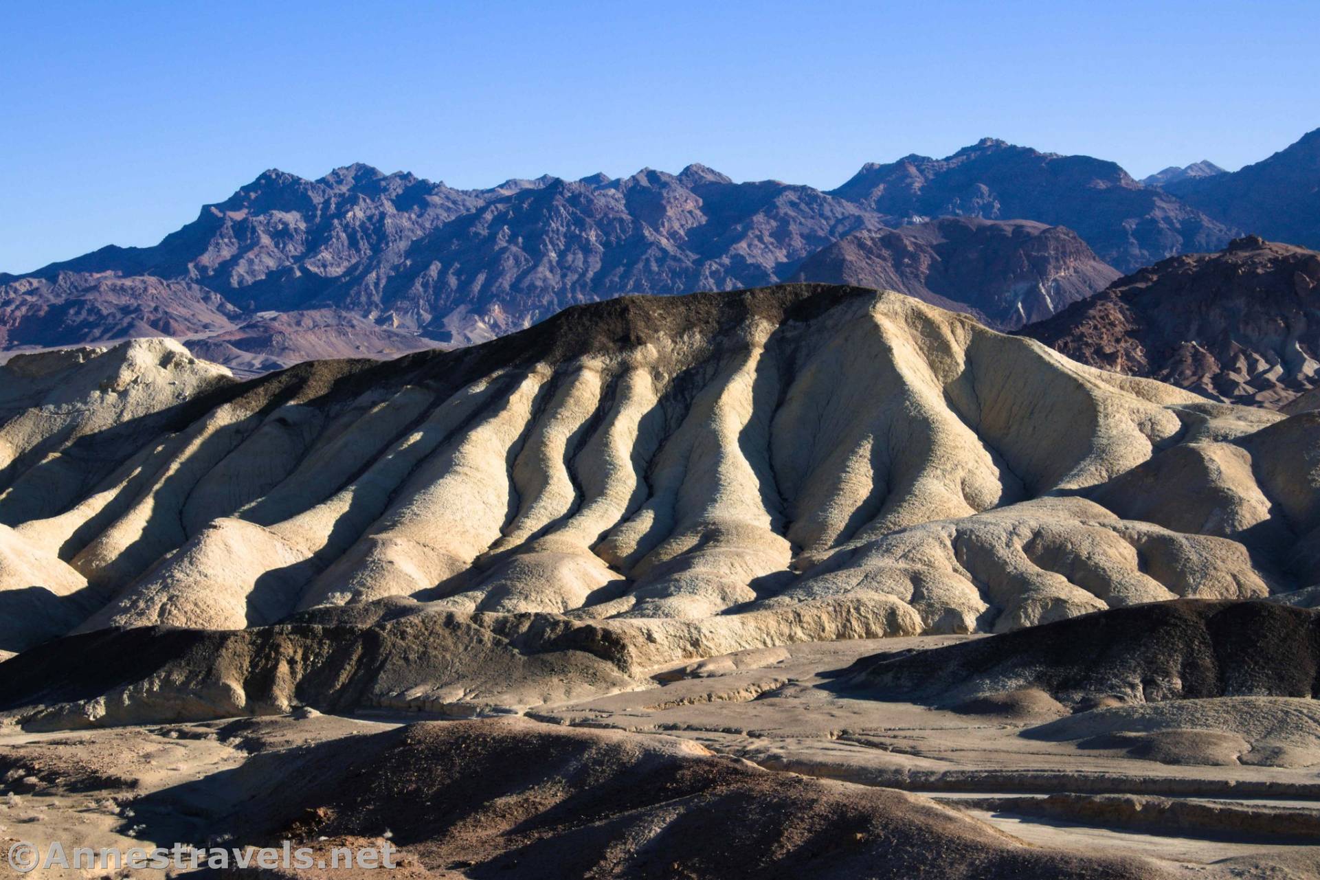 Badlands and the Funeral Mountains from the 20 Mule Team Scenic Drive, Death Valley National Park, California