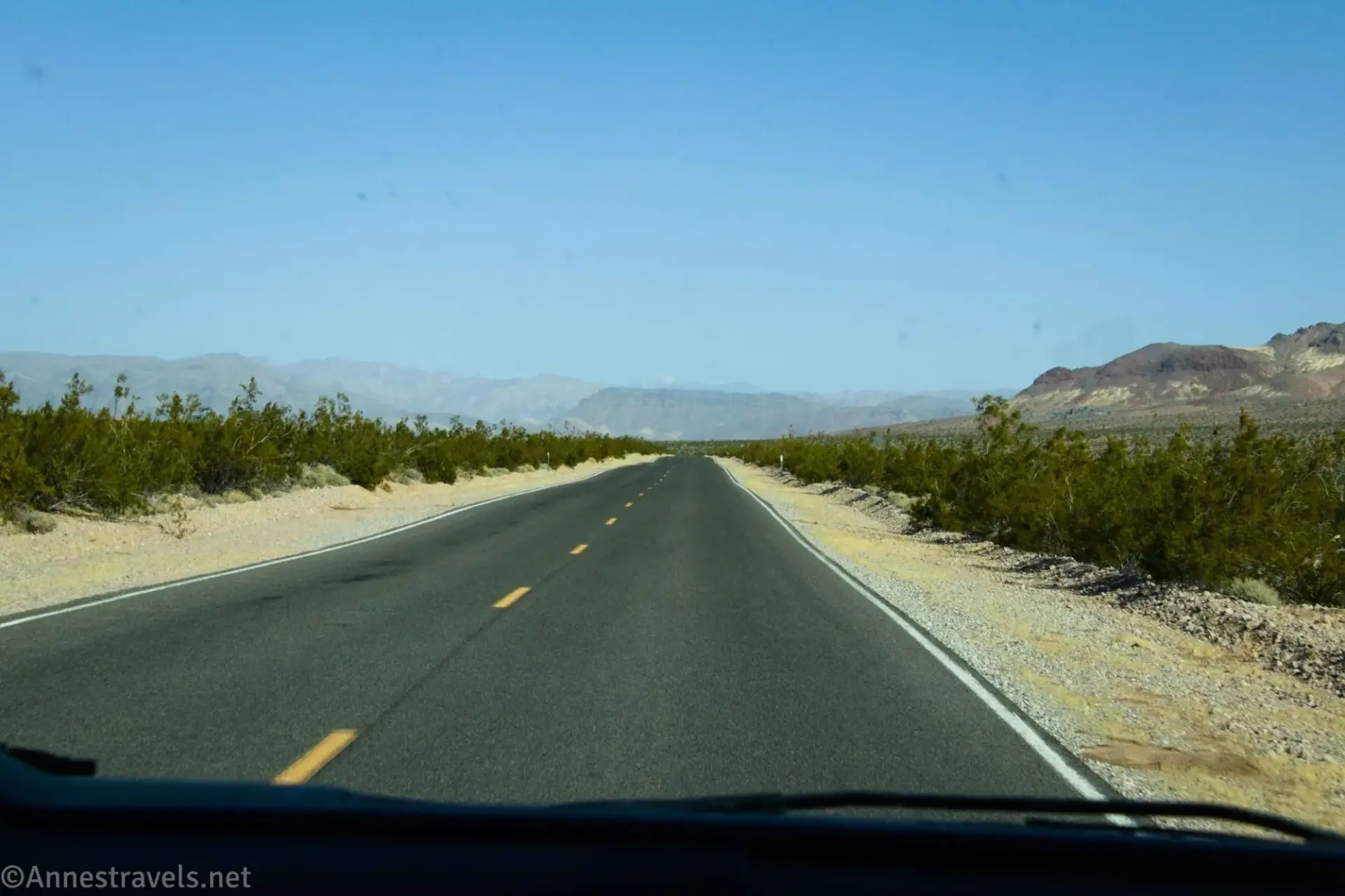 A paved road traveling straight through the desert between green greasebushes