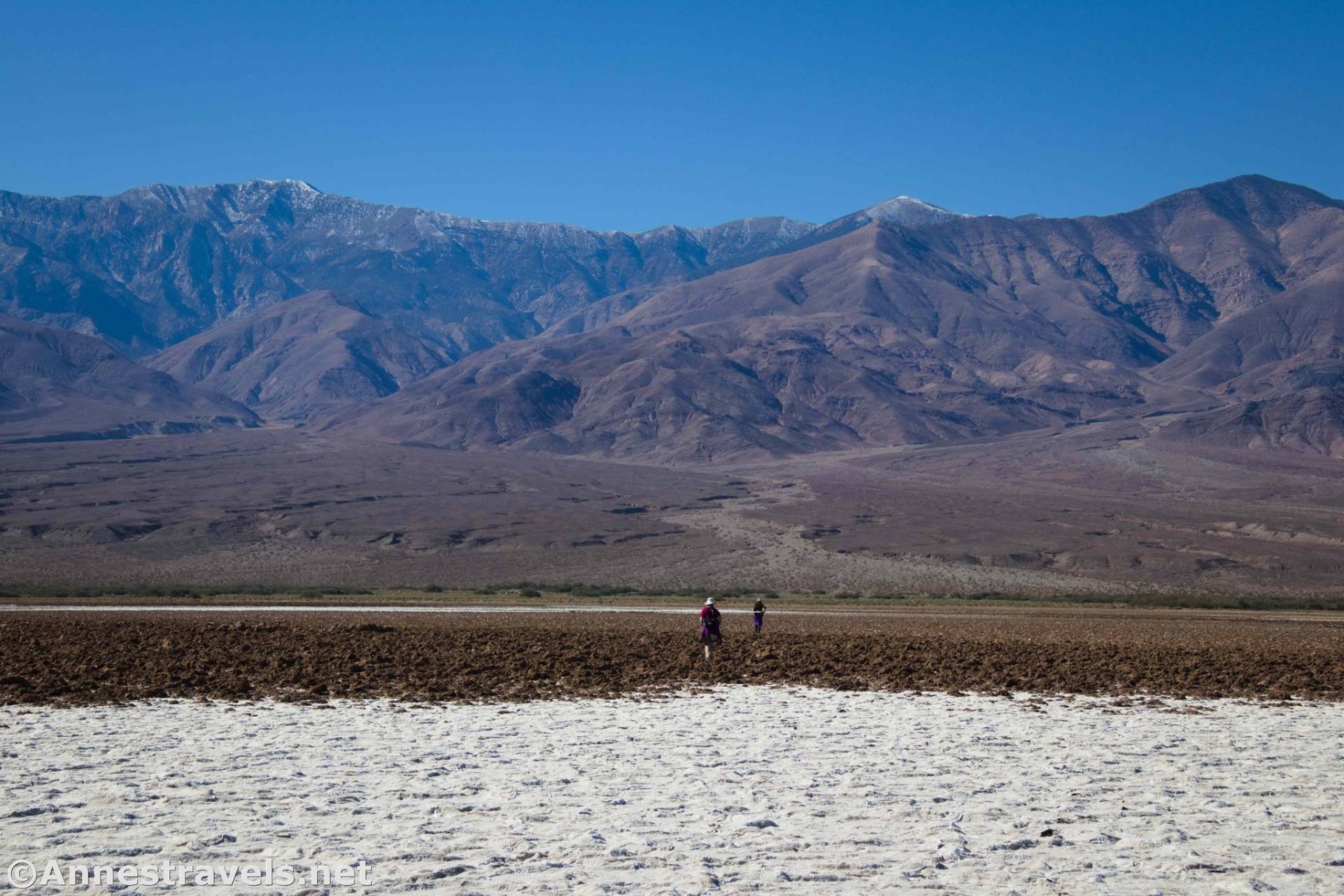 Hiking across Badwater Flats toward the Panamint Mountains, Death Valley National Park, California