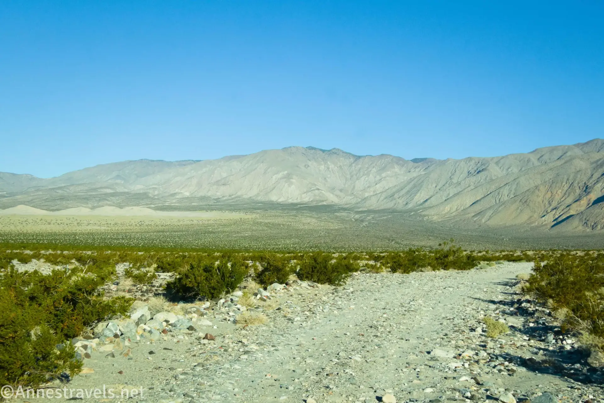 A gravel road between brushy desert plains and views of mountains and sand dunes across the plains