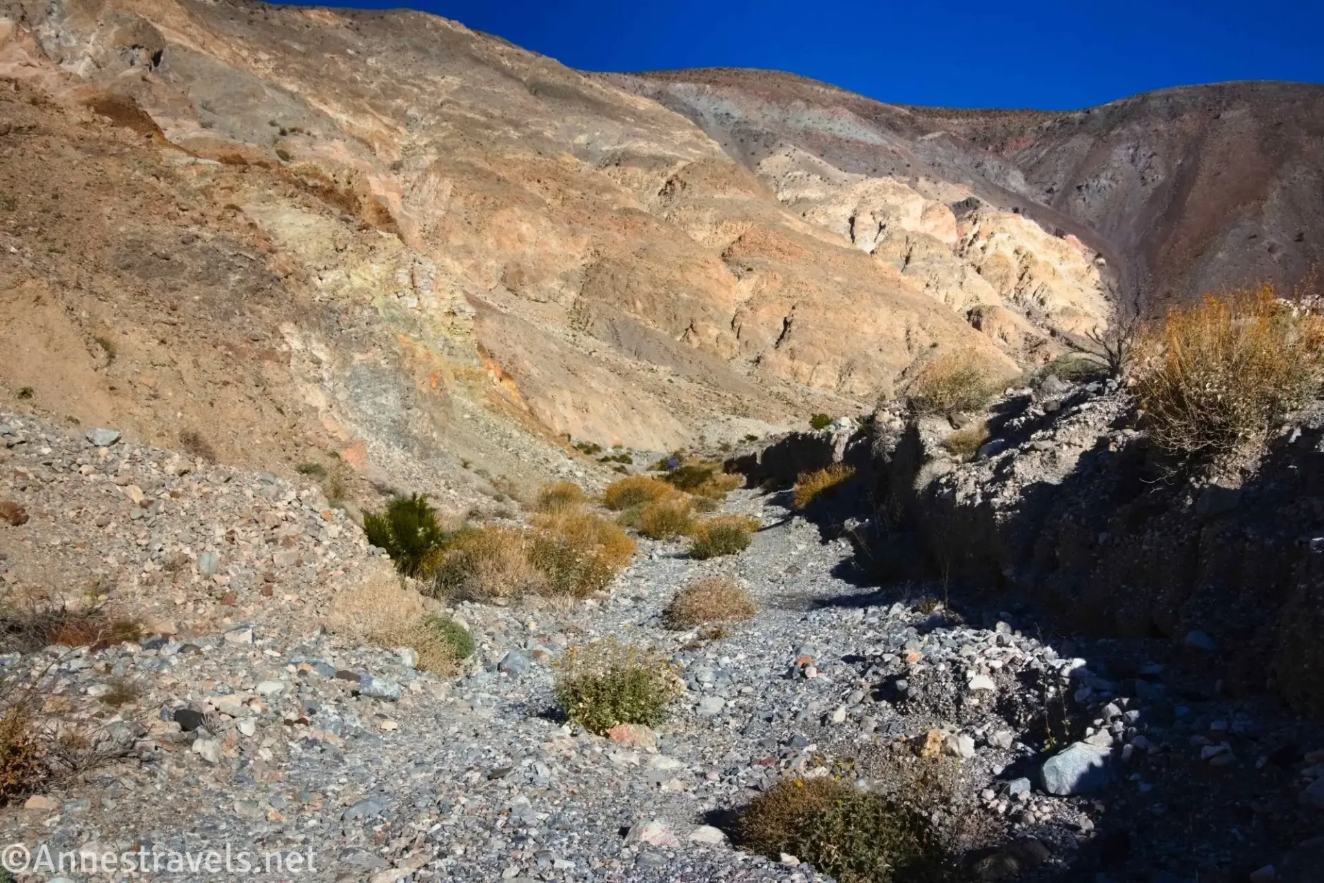 A rough gravel roadbed filled with desert brush with colorful canyon cliffs b eyond